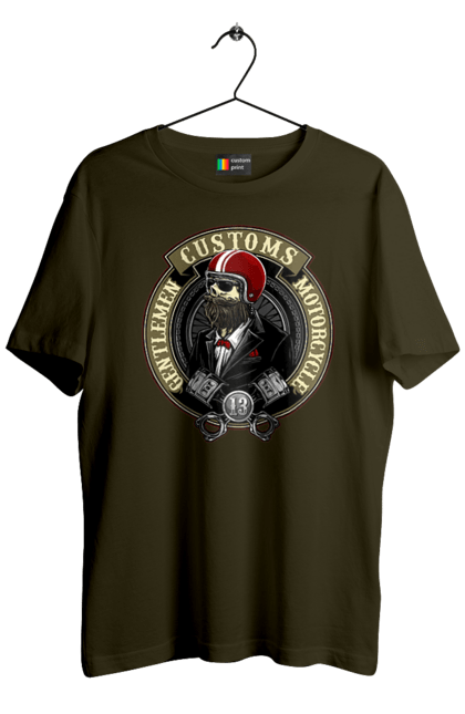 Men`s t-shirt with prints Gentlemen motorcycle. Gentleman, helmet, motorcycle, skull. 2070702