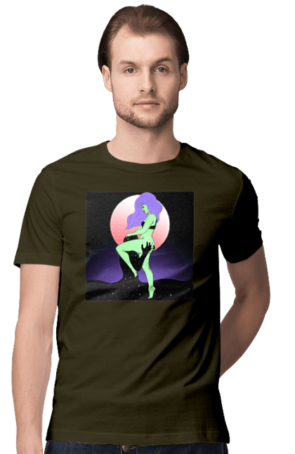 Футболка чоловіча з принтом "Зелена Дівчина І Місяць". Інопланетянка, місяць. 2070702