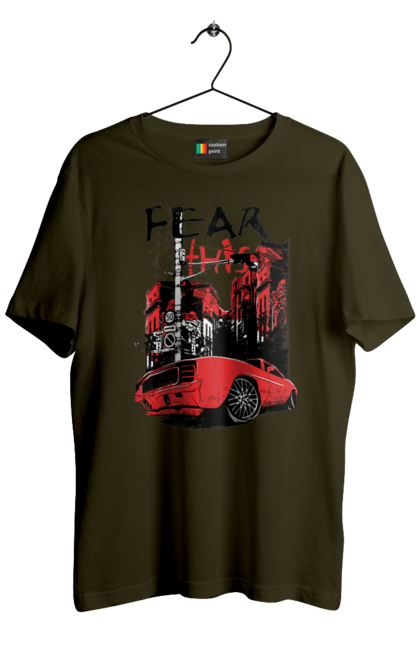 Футболка чоловіча з принтом "Червона Машина В Місті". Їзда, машина, місто. 2070702