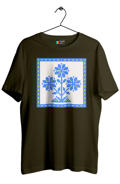 Футболка чоловіча з принтом "Жовто блакитна вишивка квіти". Вишивка, вишивка хрестиком, квіти, символ україни, традиції україни, україна. 2070702