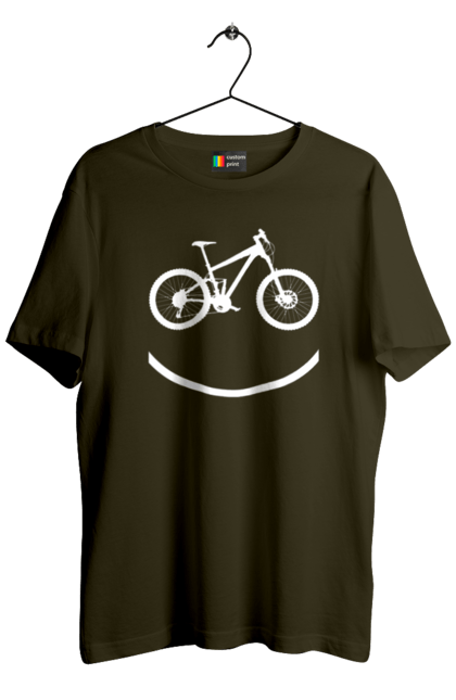 Men`s t-shirt with prints Cycling smile. Bicycle lovers, bike, cross, cycling, pedals, smile, smiley, track, wheel. 2070702