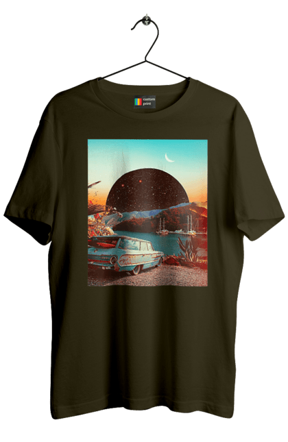 Футболка чоловіча з принтом "Картина, машина біля річки". Картина, машина, планета, прикол, ретро, річка. 2070702