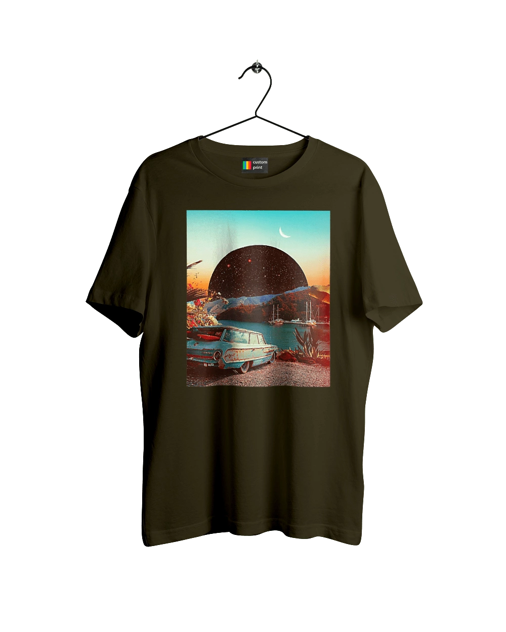 Painting, car by the river