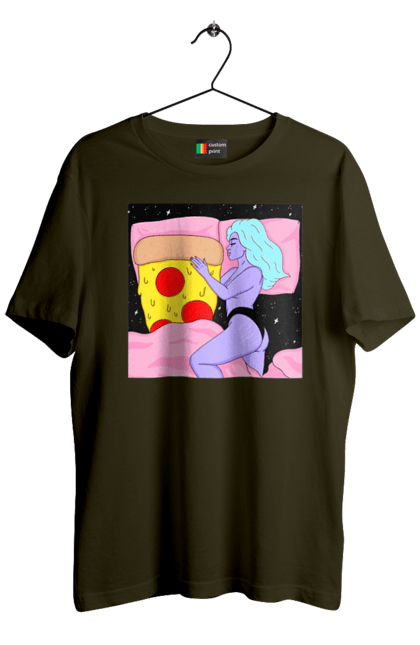 Men`s t-shirt with prints Purple Girl And Pizza. Bed, girl, pizza. 2070702