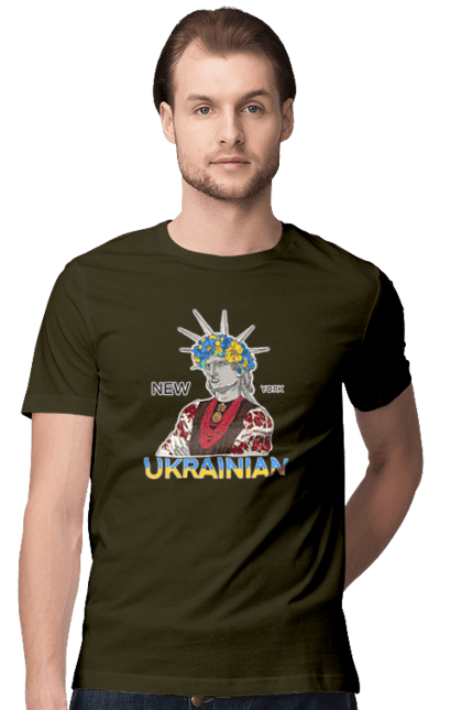 Men`s t-shirt with prints UA & NY. Embroidered shirt, new york, statue of liberty, ukraine, wreath. 2070702