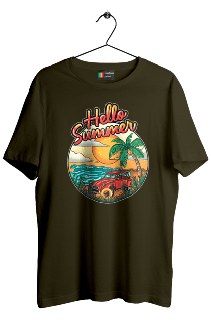 Men`s t-shirt with prints Hello Summer, Car By The Sea. Beach, island, palm, summer. 2070702