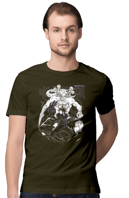 Men's t-shirt with prints Jujutsu Kaisen Megumi. Anime, dark fantasy, fushiguro, fushiguro megumi, jujutsu kaisen, magic battle, manga, megumi, mystic. 2070702