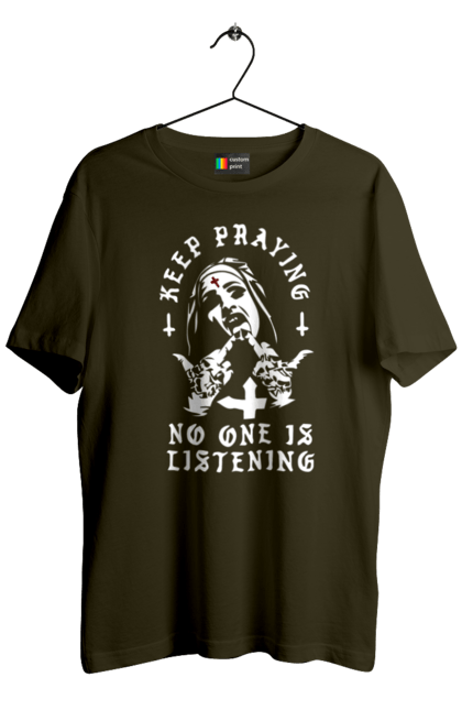 Футболка чоловіча з принтом "Монашка фак". Крута, метал, модна, молодіжна, ніхто не слухає, продовжуй молитися, рок, стильна, фак, черниця. 2070702