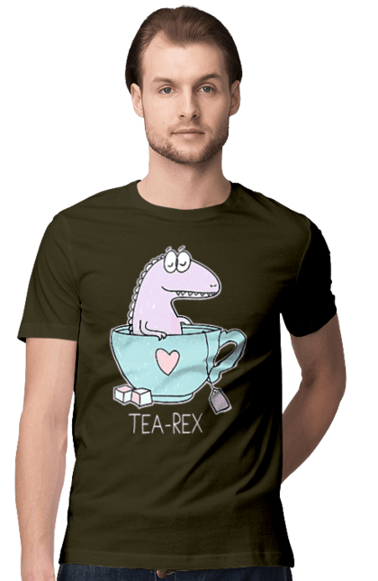 Футболка чоловіча з принтом "Динозавр прінмаем в чашці чай". Динозавр, релакс, чай, чашка. CustomPrint.market