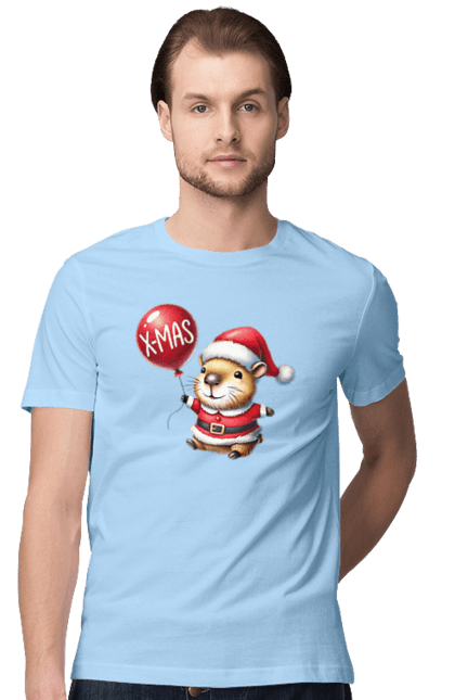 Men's t-shirt with prints Christmas Capybara. Animal, balloon, capybara, christmas, christmas capybara, gift, holiday, new year, new year`s gift, santa. 2070702