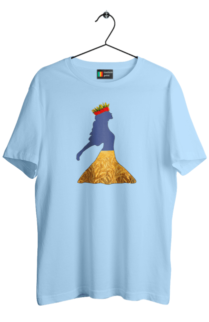 Men`s t-shirt with prints Ukraine. Girl, national colors, poppies, sky, wheat field, wreath, yellow blue. 2070702