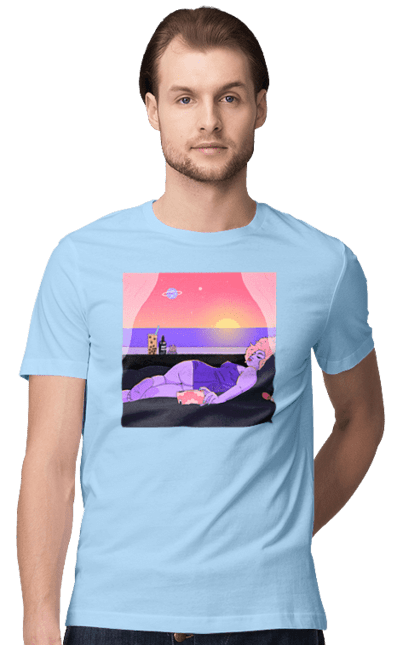 Футболка чоловіча з принтом "Фіолетова Дівчина На Відпочинку". Дівчина, захід, телефон. 2070702