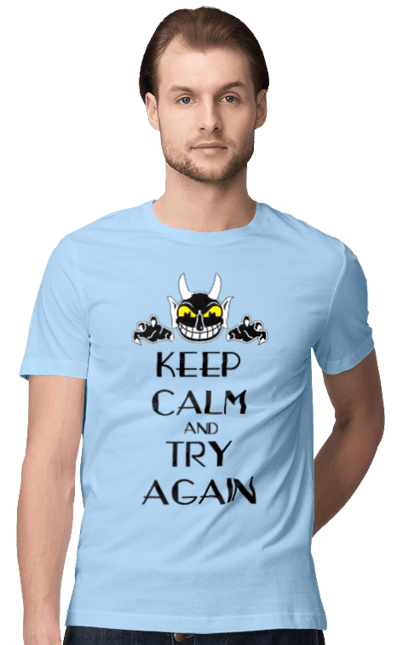 Men's t-shirt with prints Keep calm and try again. Calmness, demon, heck, keep calm, satan, stay calm, try again. 2070702