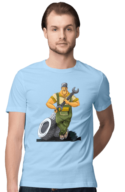 Футболка чоловіча з принтом "Автомайстер". Гайковий ключ, колеса, професія. 2070702