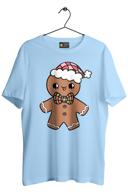 Men's t-shirt with prints Gingerbread in a Christmas hat. Christmas, christmas decor, christmas print, cookie, festive mood, gingerbread cookies, new year, sweets, winter holidays. 2070702