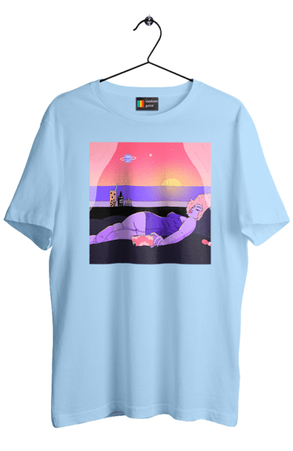 Футболка чоловіча з принтом "Фіолетова Дівчина На Відпочинку". Дівчина, захід, телефон. 2070702