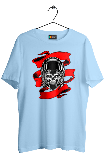 Men`s t-shirt with prints Skull in a motorcycle helmet. Helmet, moto, skull, tape. 2070702