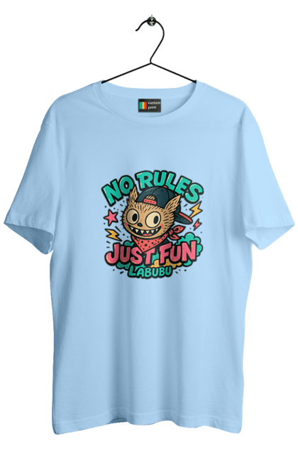Футболка чоловіча з принтом "Лабубу". Norulesjustfun, y2k, бандана, вуличний стиль, грайливий, графіті, зухвалий, лабубу, ретромультяшка, яскраво. 2070702