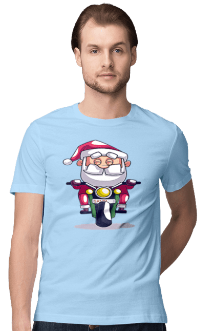 Футболка чоловіча з принтом "Щасливий Санта на мотоциклі". 2022, дід мороз, зима, мотоцикл, новий рік, різдво, санта, сніг. 2070702