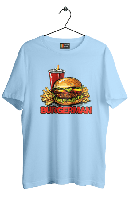 Футболка чоловіча з принтом "Burgerman". Бургер, для чоловіків, їжа, літні, макдональдс, прикольні, трендові, фаст фуд, чоловічі. 2070702