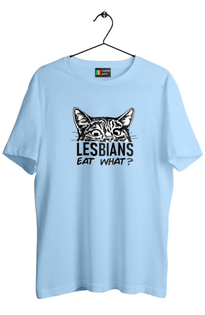 Men`s t-shirt with prints What do lesbians eat?. Funny inscriptions, humor, jokes, kittens, lesbians, lgbt. 2070702