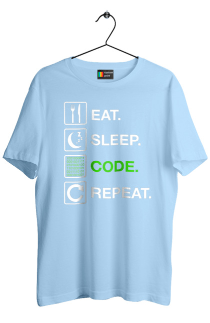Футболка чоловіча з принтом "Їж Cпи Кодуй Повторюй". Айті, айтішник, для айтішника, для програміста, їж спи, кодуй повторюй, подарунок айтішнику, подарунок програмісту, програміст, розробник. 2070702
