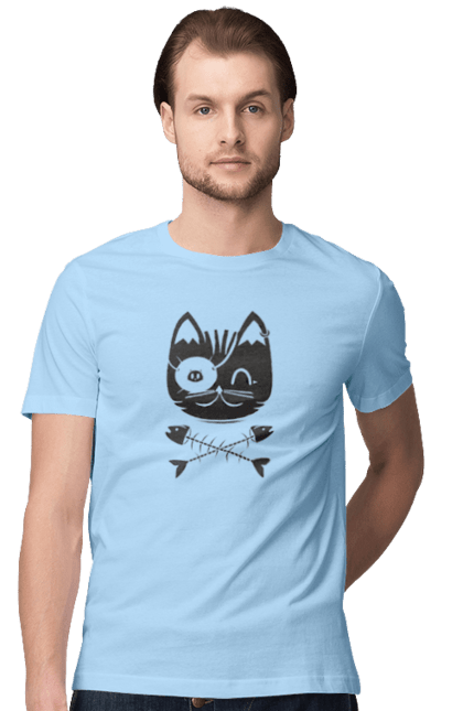 Men`s t-shirt with prints Pirate cat. Animals, bones, cat, cool drawing, cute pictures, fish, pirates, skull. 2070702