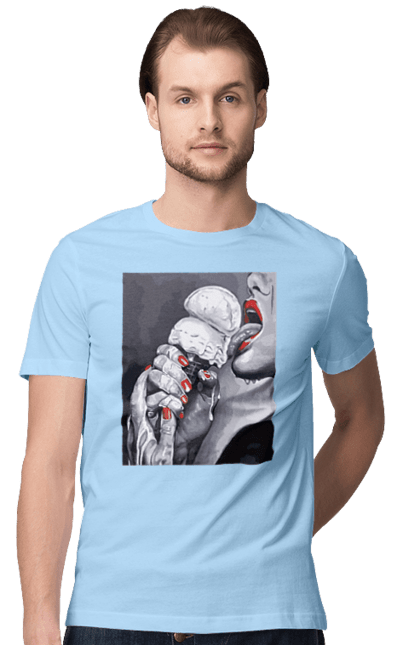 Футболка чоловіча з принтом "Смак ескімо". Апетитне ескімо, вона лиже, дівчина та морозиво, лиже мовою, смак ескімо, смак морозива, тече по губах, тече по руках. 2070702