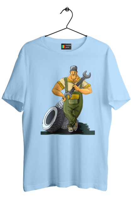 Футболка чоловіча з принтом "Автомайстер". Гайковий ключ, колеса, професія. 2070702