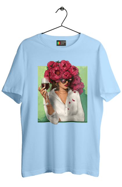 Футболка чоловіча з принтом "Дівчина з півоніями та келихом". Вино, дівчина, квітка, келих, літо, окуляри, півонії, сорочка. 2070702