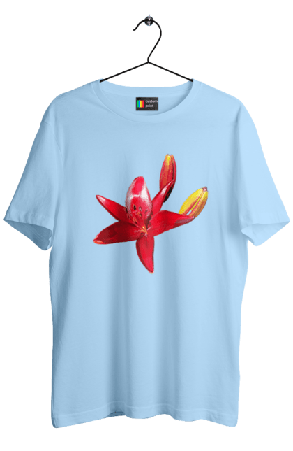 Men`s t-shirt with prints Red lily. Bright, bud, buds, color, flower, lily, nature, red, red flower, red lily, sunny. 2070702