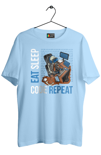 Футболка мужская с принтом Ешь Cпи Кодь Повторяй. Айти, айтишник, для айтишника, для программиста, ешь cпи, кодь повторяй, подарок айтишнику, подарок программисту, программист, разработчик. 2070702