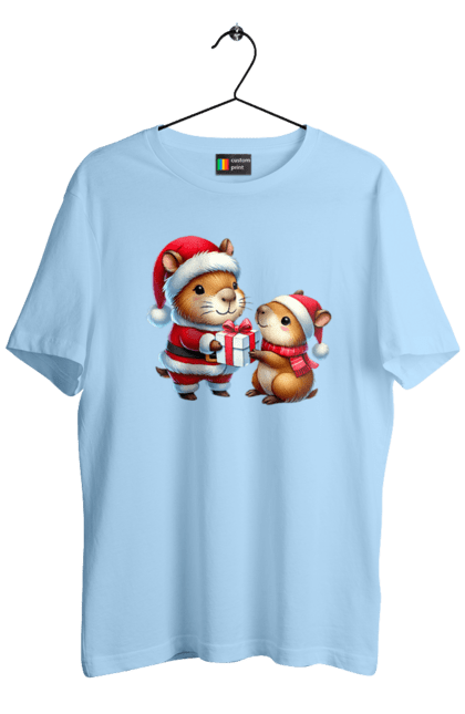 Men's t-shirt with prints Christmas Capybara with a Gift. Animal, capybara, christmas, christmas capybara, gift, holiday, new year, new year`s gift, santa. 2070702