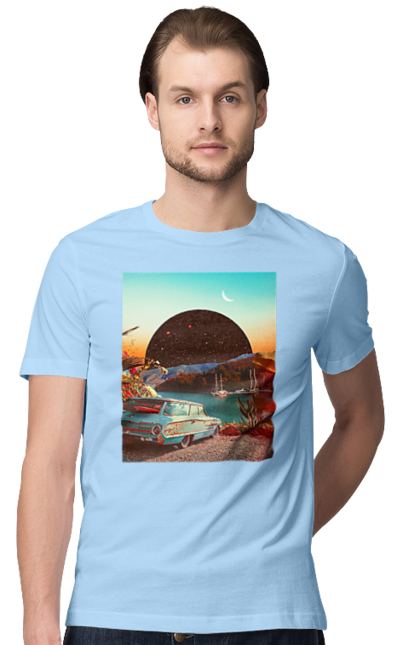 Футболка чоловіча з принтом "Картина, машина біля річки". Картина, машина, планета, прикол, ретро, річка. 2070702