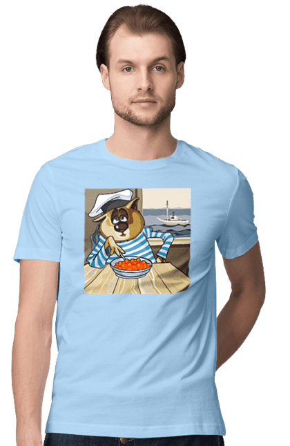 Футболка чоловіча з принтом "Кот Моряк, На Кораблі Їсть Червону Ікру". Ікра, кіт, корабель, моряк. 2070702