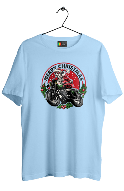 Футболка чоловіча з принтом "Щасливого Різдва, дід мороз на мотоциклі". 2022, дід мороз, зима, мотоцикл, новий рік, подарунки, різдво, санта, сніг. 2070702