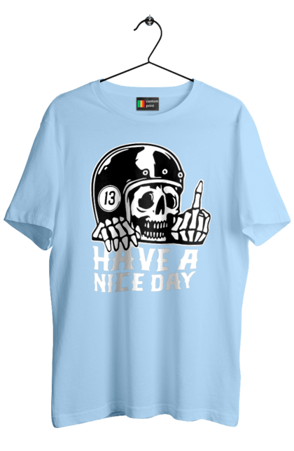 Men`s t-shirt with prints Have a nice day. Fak, have a, nice day, scull, thirteen, with a skull. 2070702