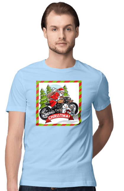 Men`s t-shirt with prints Santa on a motorcycle. Christmas, motorcycle, new year, presents, santa, snowman, tree. 2070702