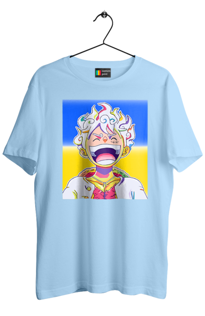 Men`s t-shirt with prints Monkey D Luffy laughing on a yellow blue background. Flag of ukraine, luffy, monkey d luffy, one piece, symbol of ukraine, ukraine. 2070702