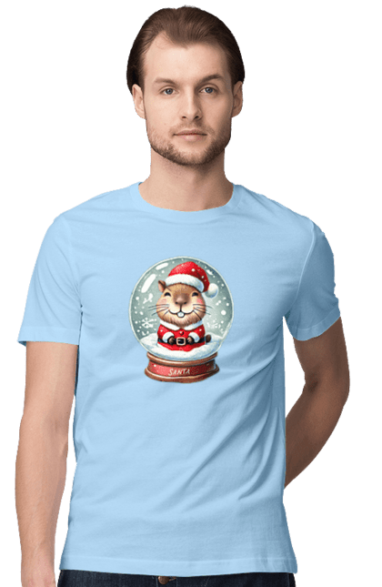 Men's t-shirt with prints Capybara in a snow globe. Animal, capybara, christmas, christmas capybara, gift, holiday, new year, new year`s gift, santa, snow globe. 2070702