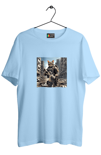 Футболка чоловіча з принтом "Кіт десантник". Бронежилет, війна, військовий, гвинтівка, захисник, камуфляж, кіт, рушниця. 2070702