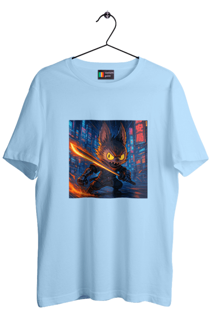 Футболка чоловіча з принтом "Лабубу". Аніместиль, дія, катана, кіберніндзя, кіберпанк, лабубу, меч, неонове місто, очі` що світяться. 2070702