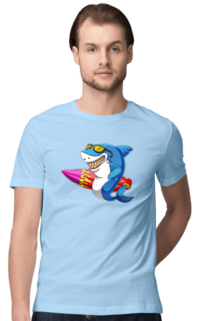 Футболка чоловіча з принтом "Акула В Окулярах З Серфінгом". Акула, літо, окуляри, серфінг. 2070702