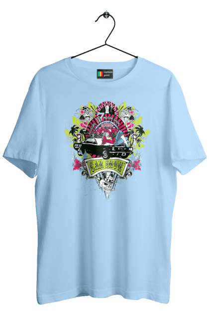 Men`s t-shirt with prints Car Show, Summer. Automobile, cards, money, palm, show. 2070702
