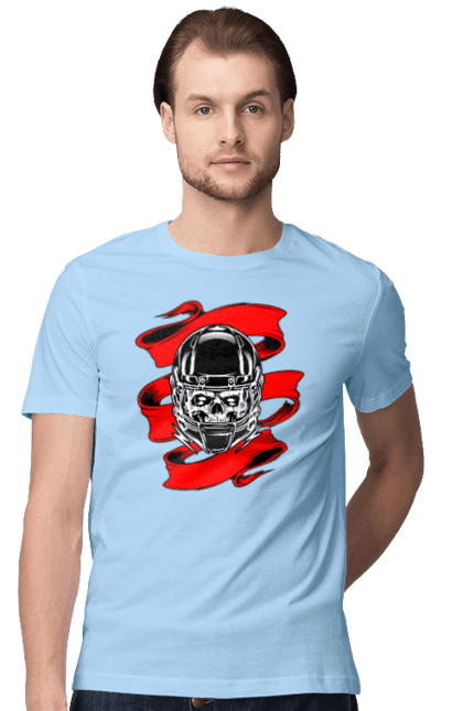 Men`s t-shirt with prints Skull in a motorcycle helmet. Helmet, moto, skull, tape. 2070702