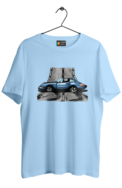 Футболка чоловіча з принтом "Спортивний Автомобіль На Дорозі". Автомобіль, гонки, синій, спортиного, швидкий, швидкісний. 2070702