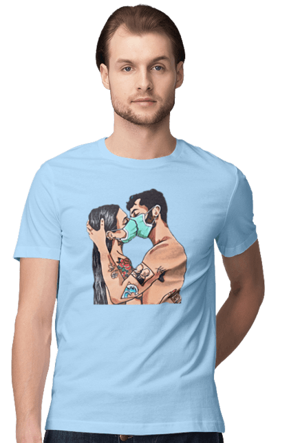 Men`s t-shirt with prints Coronavirus Love. Coronavirus, kiss, love, mask, quarantine. 2070702