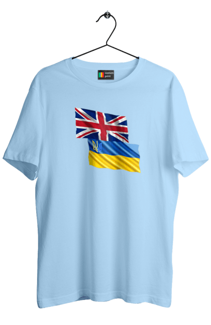 Футболка чоловіча з принтом "Прапор Великої Британії, прапор України, Підтримка України". Британія, велика британія, війна, киев, мир, національні кольори, прапор, прапор британії, прапор великої британії. 2070702