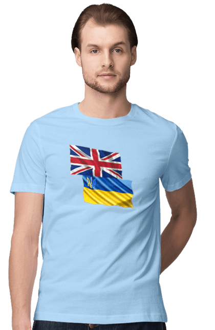 Футболка чоловіча з принтом "Прапор Великої Британії, прапор України, Підтримка України". Британія, велика британія, війна, киев, мир, національні кольори, прапор, прапор британії, прапор великої британії. 2070702