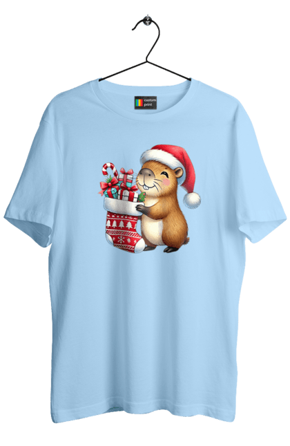 Men's t-shirt with prints Christmas Capybara with a Gift. Animal, capybara, christmas, christmas capybara, gift, holiday, new year, new year`s gift, santa. 2070702